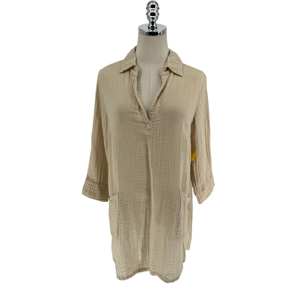 Russ Berens Tunic Top Womens Size Extra Small Beige Gauze Cotton Coastal Cottage